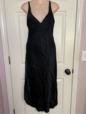 Vintage Victoria's Secret Black Silk Slip Dress S 90's Embroidered Gold Label